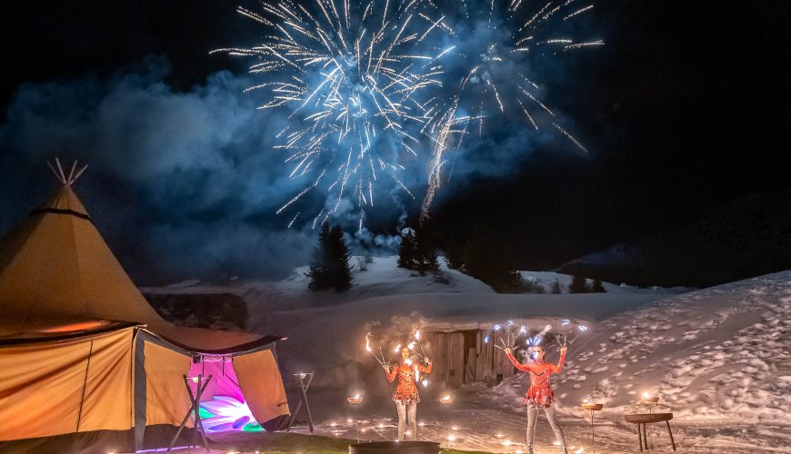 teepee with dancers and fireworks Courchevel
